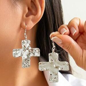 Silver Chunky Cross Earrings Hammered Dangle Statement Set